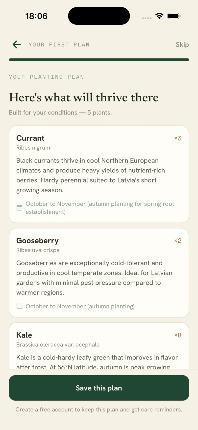 A generated planting plan listing blackcurrant, gooseberry and kale with quantities and autumn planting windows.