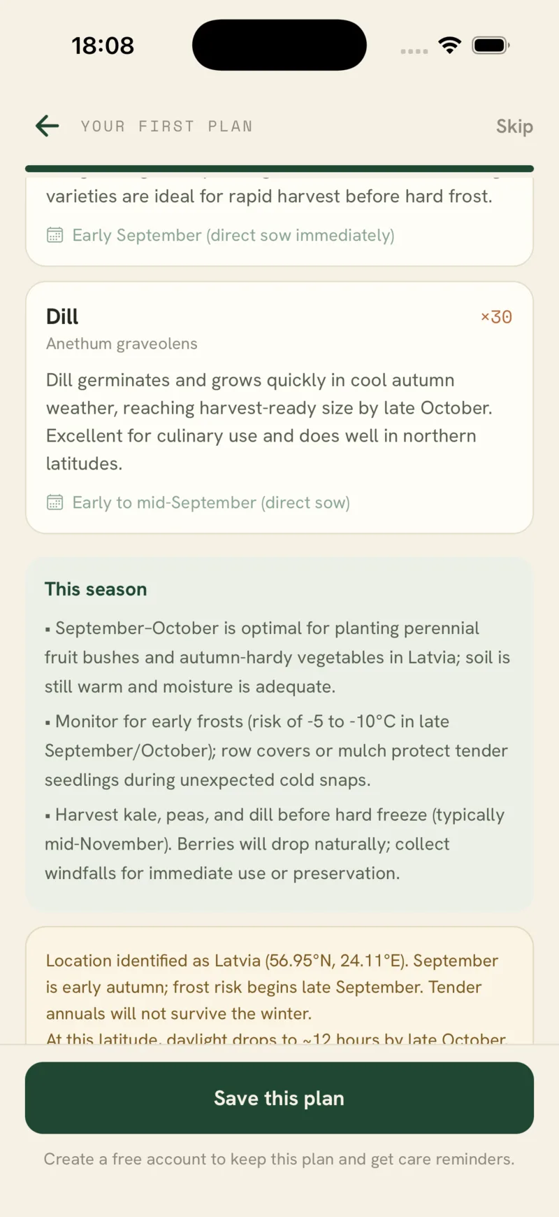 A seasonal notes panel giving September planting advice and early frost warnings for a garden in Latvia.